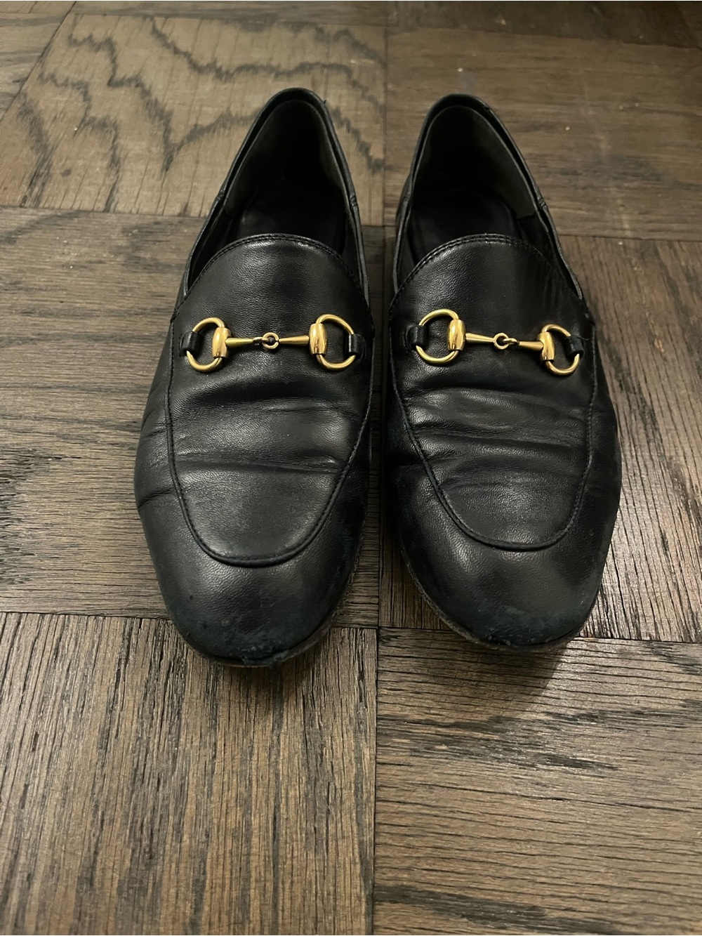 Authentic Gucci Women's Black Leather Brixton Horsebit Loafers - Size 7.5